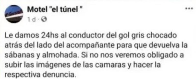 El motel compartió el mensaje, pero luego decidió eliminarlo