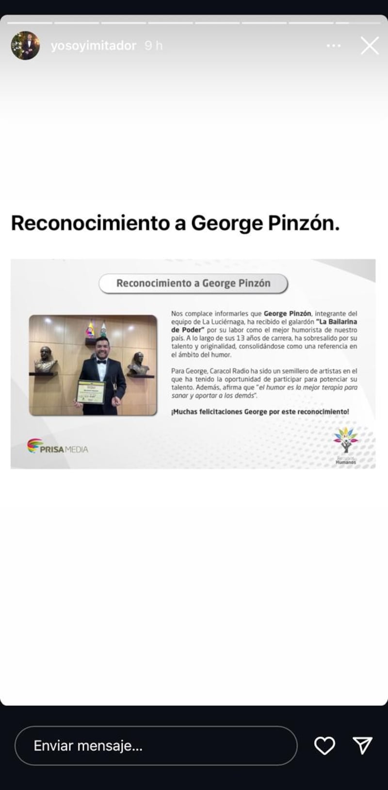 Expresentador del Canal RCN, George Pinzón recibió destacado logro