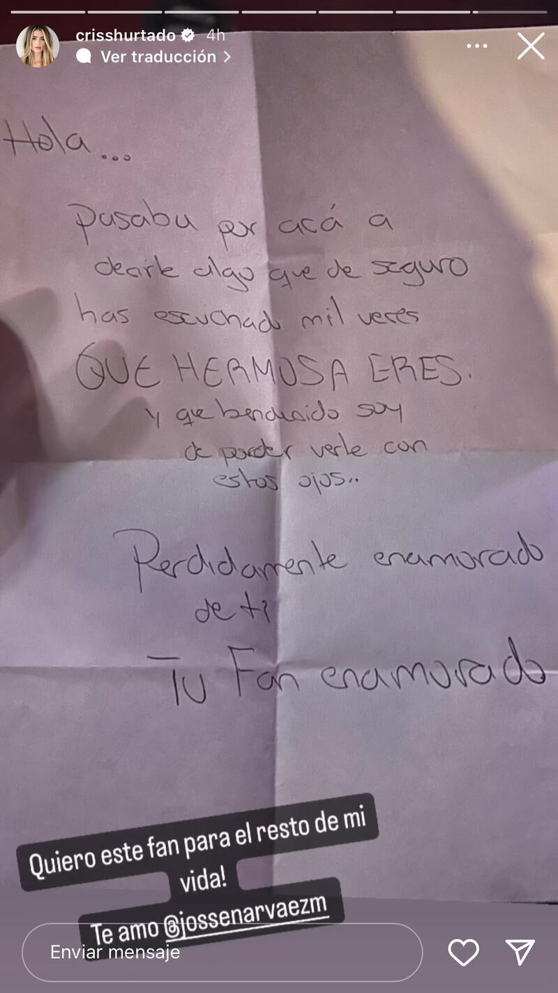 Cristina Hurtado compartió carta de amor que le envió Josse Narváez