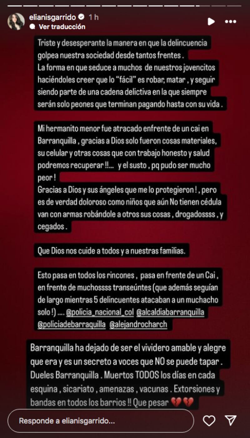 Elianis Garrido habló del robo del que fue víctima su hermano en Barranquilla.