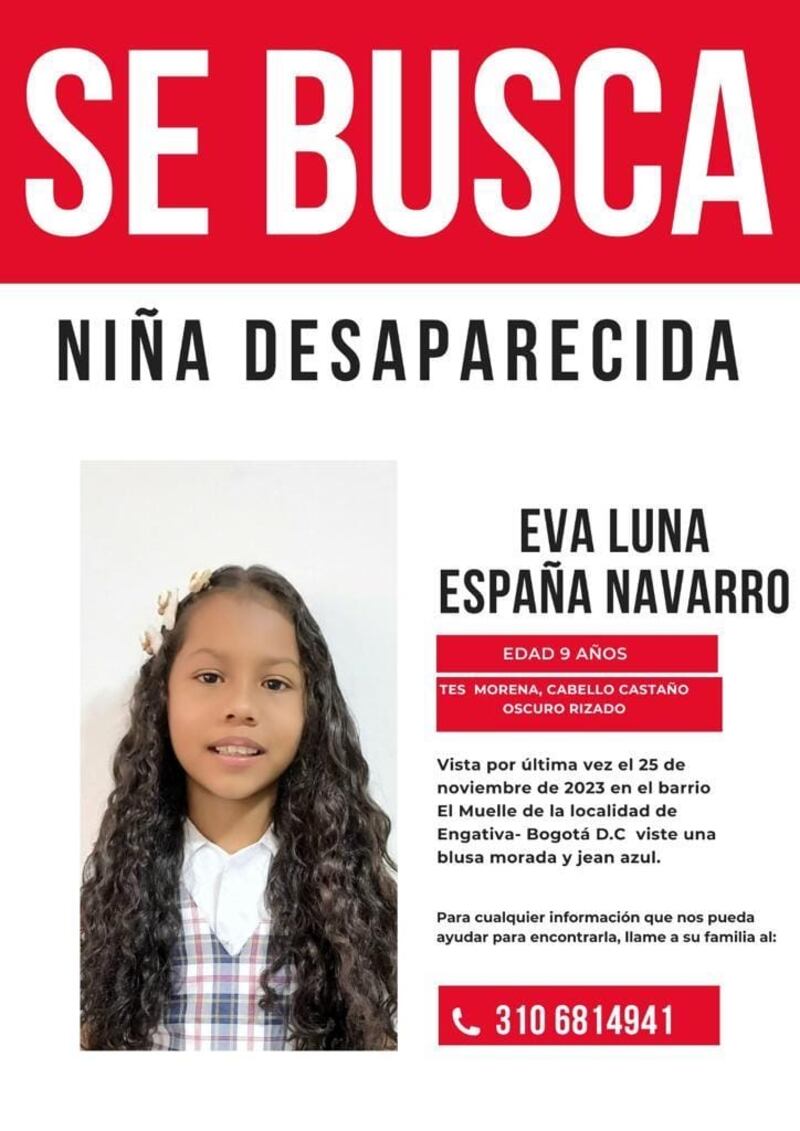 Eva Luna España Navarro, niña desaparecida en Bogotá