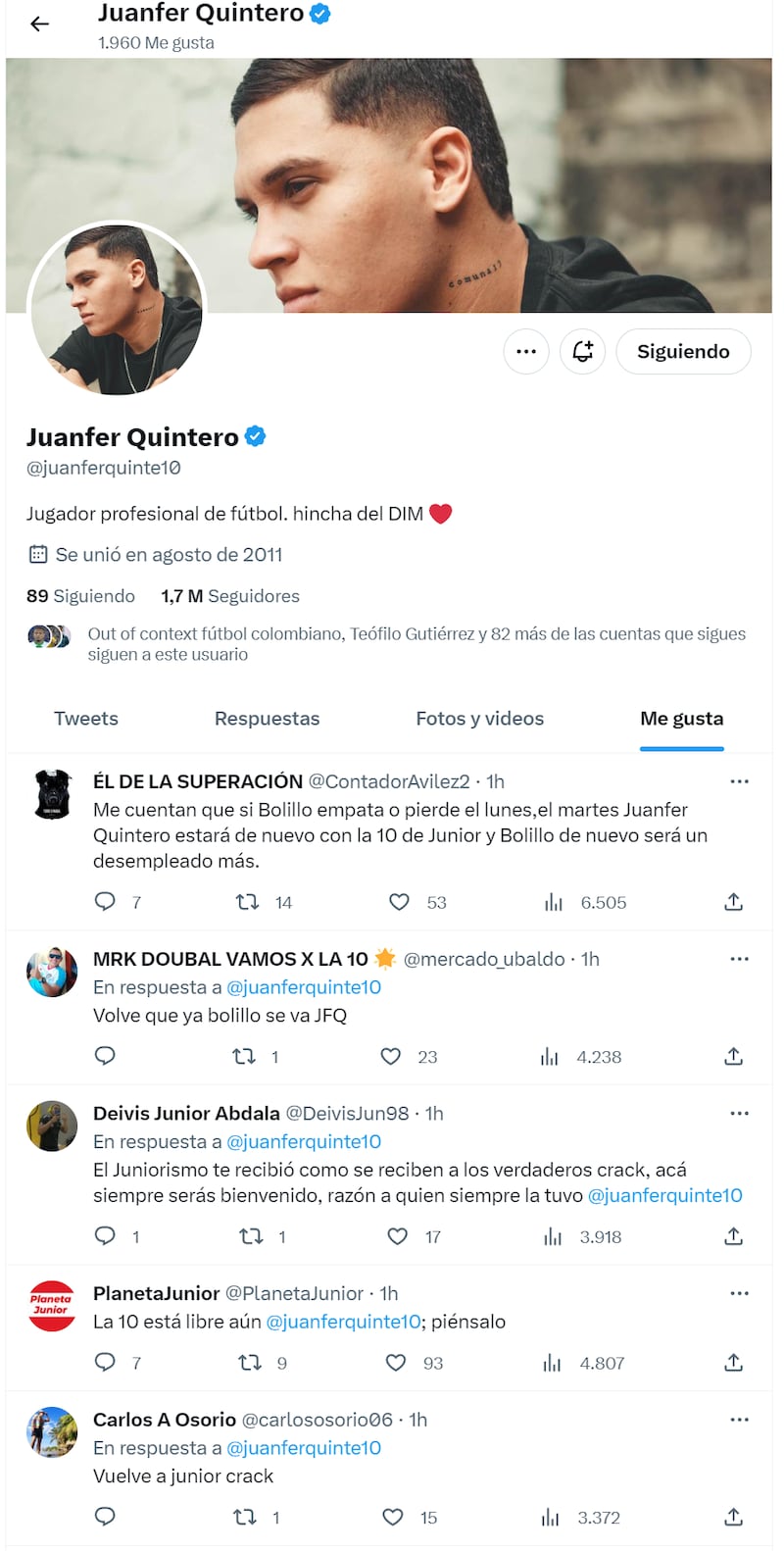 Twitter de Juan Fernando Quintero