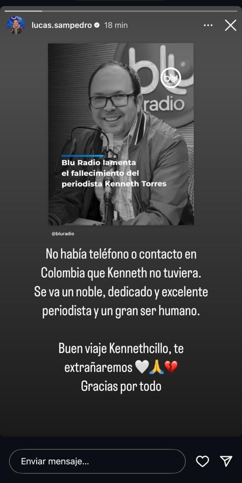 Lucas Sampedro, hijastro de Catalina Gómez lamentó el fallecimiento del periodista de Blu Radio, Kennet Torres