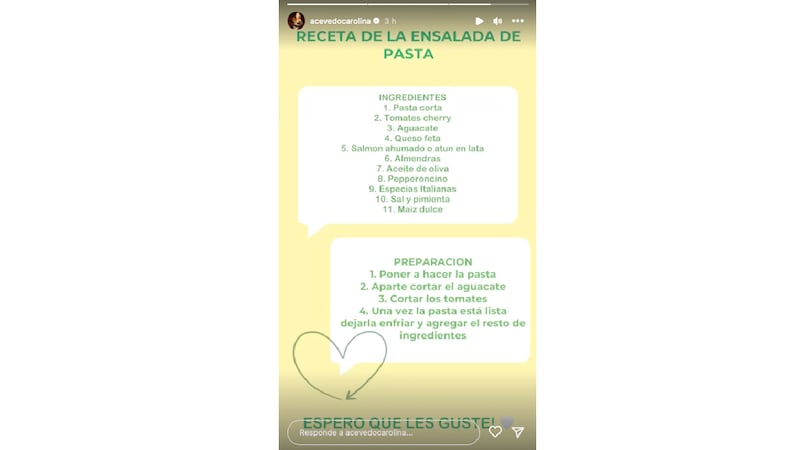 Carolina Acevedo compartió su receta de ensalada de pasta