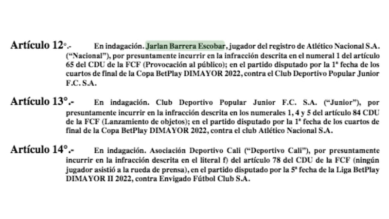 La Dimayor se equivocó con el segundo del futbolista Jarlan Barrera