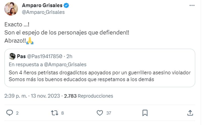 “Ñeros petristas drogadictos apoyados por un guerrillero”: Amparo Grisales apoyó comentario en contra del gobierno actual