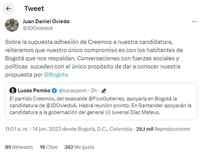 Juan Daniel Oviedo se desmarca del partido Creemos, de 'Fico', ante rumores