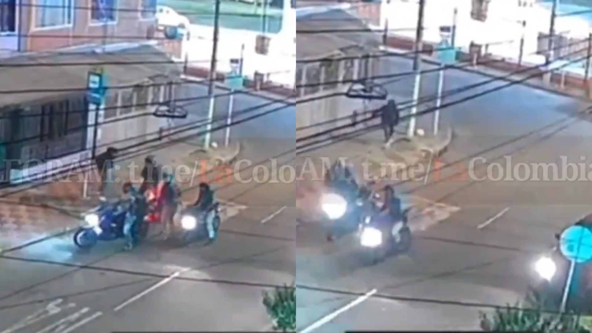 En cámaras de seguridad se logra ver que cuatros ladrones intentaron robar a un motociclista, sin embargo este no se dejó.