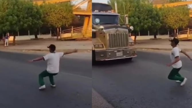 Reto de la muerte: joven arriesga su vida lanzándose a un camión en Barrancas, La Guajira.
