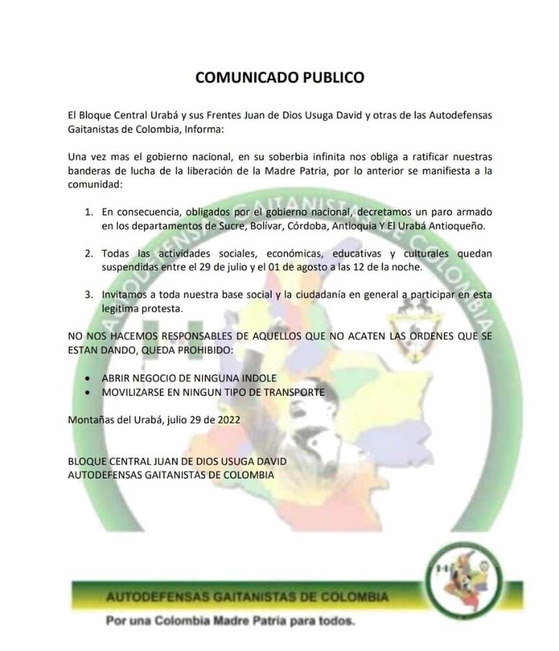 El Clan del Golfo anunció un nuevo paro armado en Colombia.