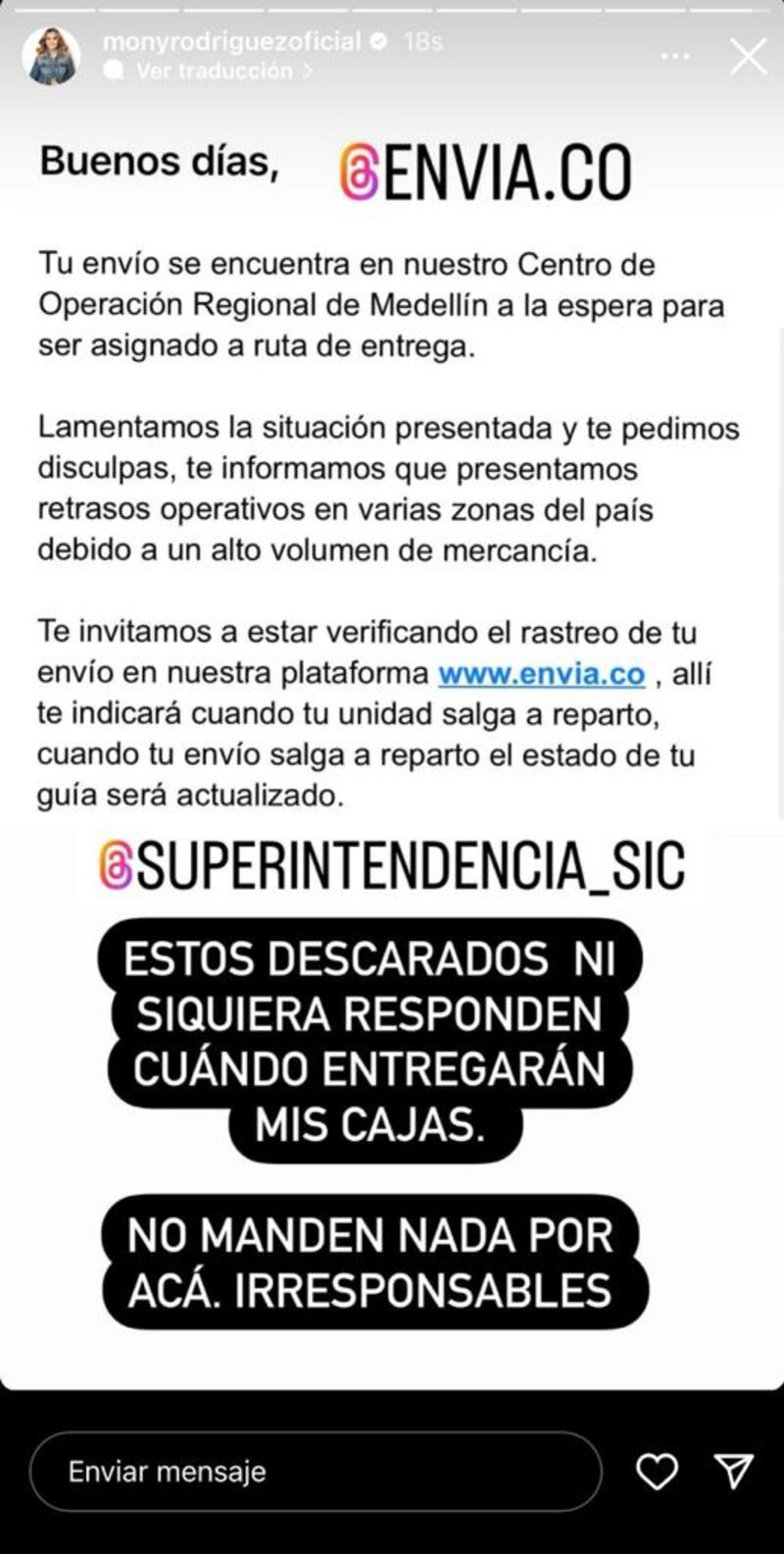 Mónica Rodríguez se fue en contra de la empresa 'Envía' por incumplimiento