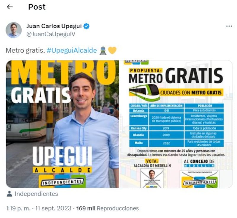 Candidato promete el Metro de Medellín gratuito