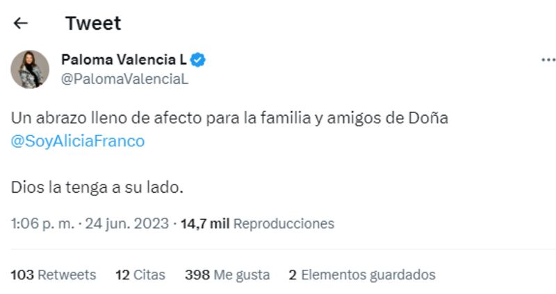 Paloma Valencia había confirmado muerte de Alicia Franco, pero minutos después eliminó el trino