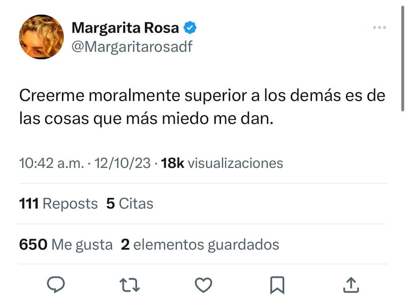 Margarita Rosa de Francisco aseguró que le da miedo creerse más que los demás