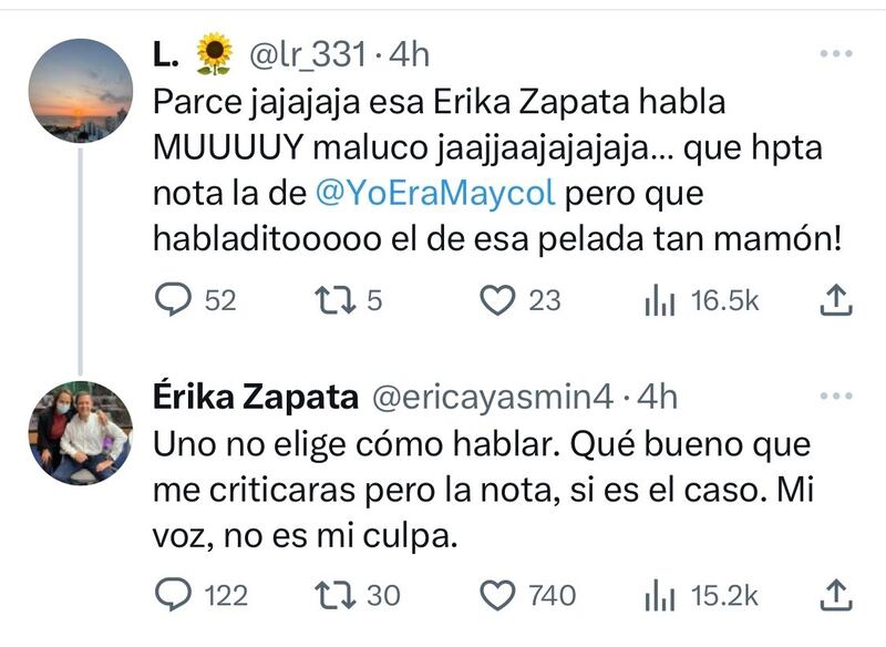 Érika Zapata le respondió a usuario que le criticó su voz