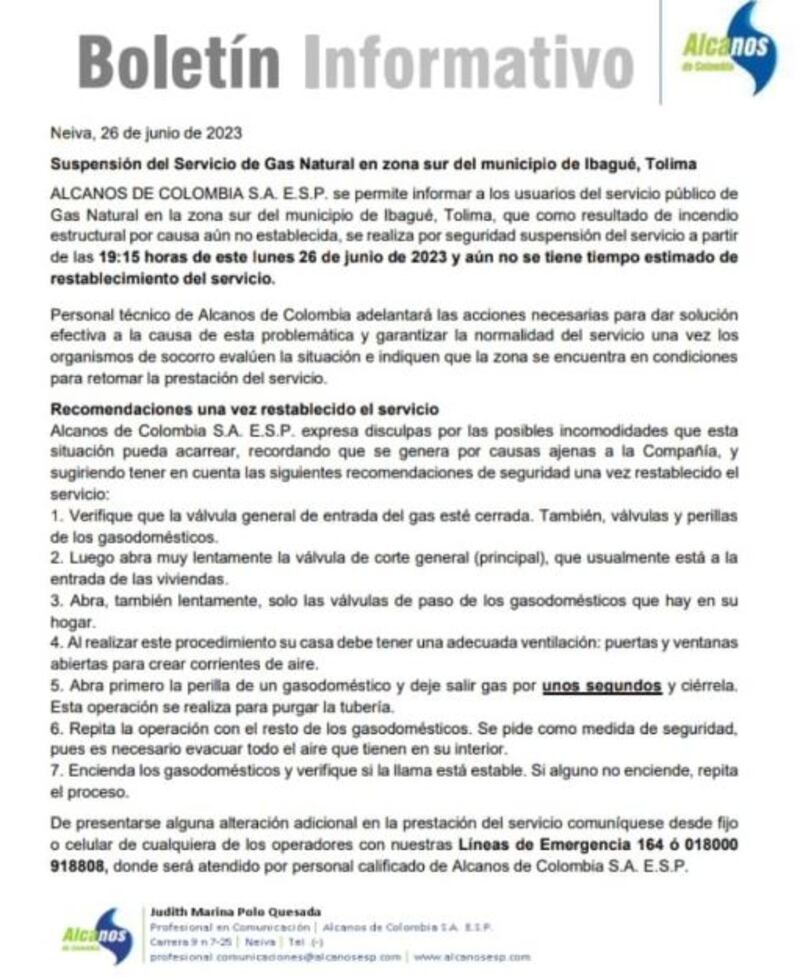 Ibagué sin gas: Alcanos dice que no se sabe cuándo se restablecerá el servicio