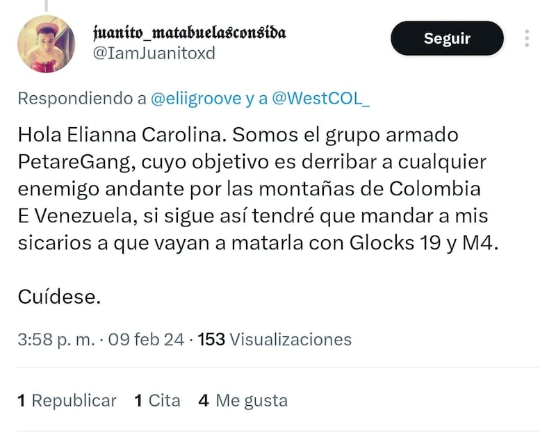 Otra prueba de amenazas de muerte por parte de seguidores de Westcol a periodistas de Publimetro.