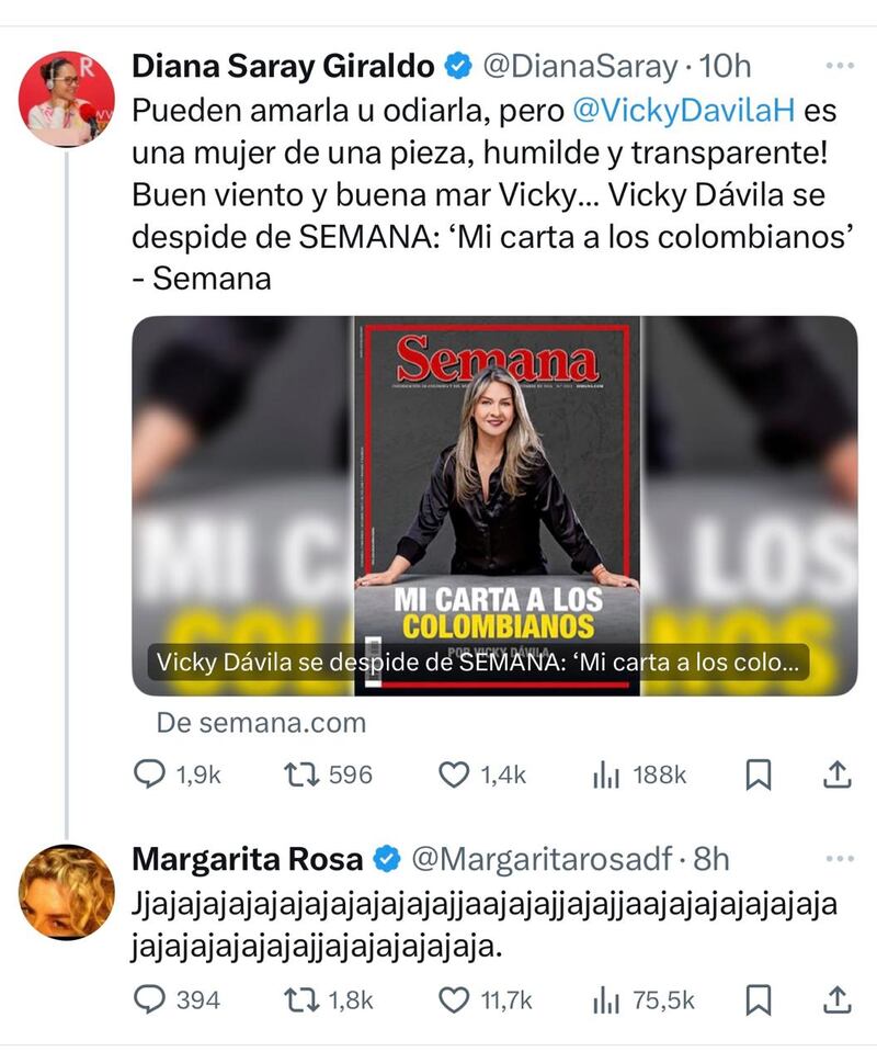 Margarita Rosa se burló de quien afirmó que Vicky Dávila es humilde y transparente