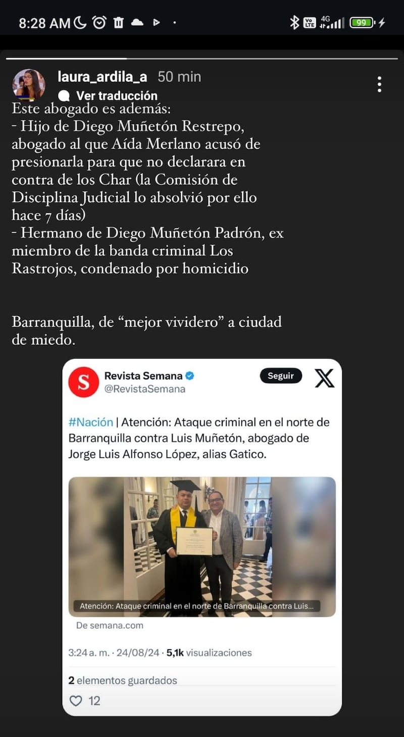 Un atentado a bala fue perpetrado esta noche contra el abogado Luis Guillermo Muñetón Padrón, hijo del también reconocido abogado Diego Luis Muñetón Restrepo, en el norte de Barranquilla.