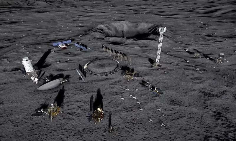 Representación gráfica de los planes de construcción de China y Rusia sobre la superficie lunar