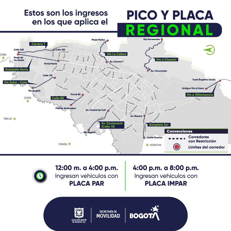 Secretaría de Movilidad informó cuál es el pico y placa regional hoy en Bogotá.