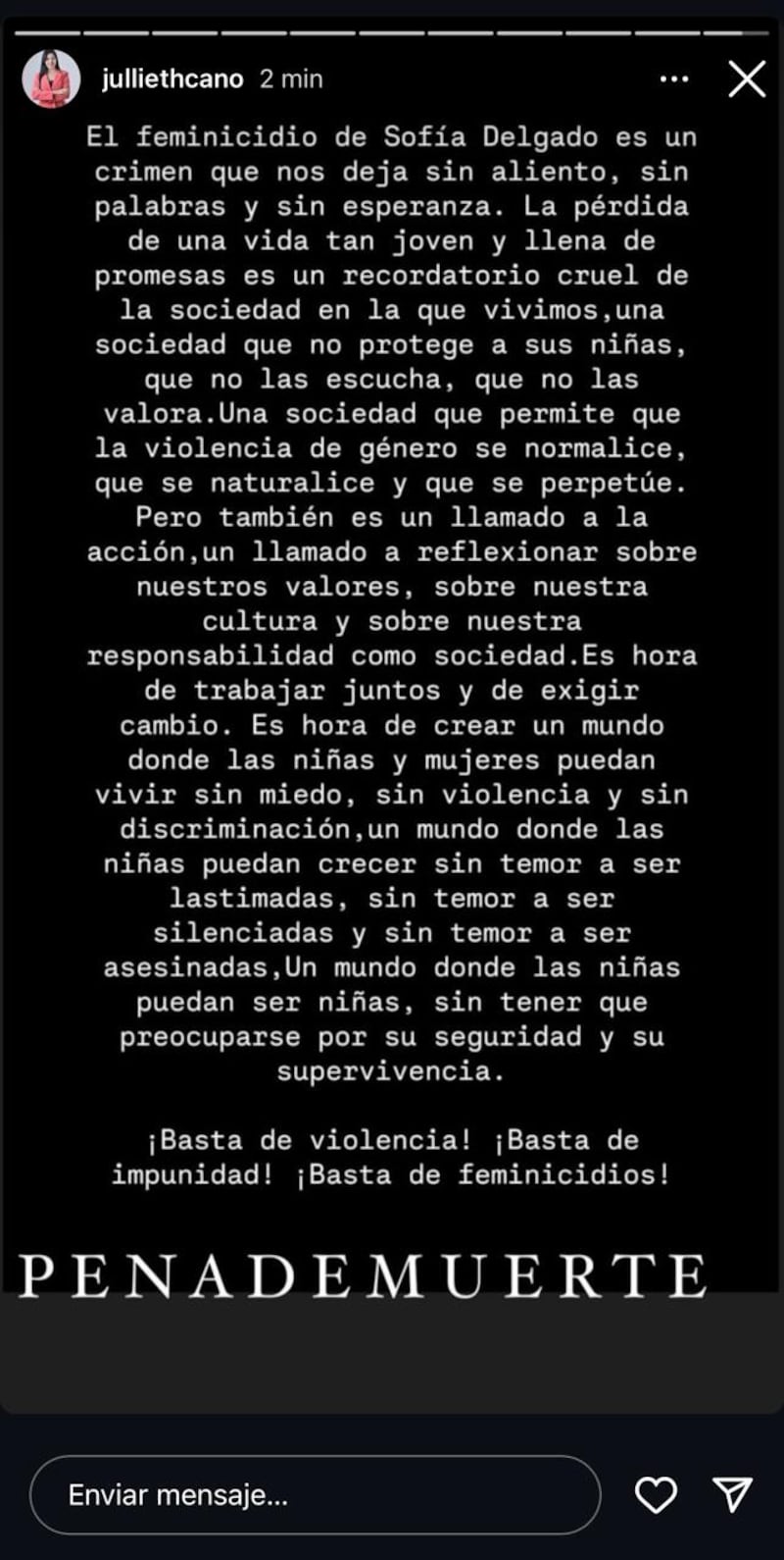 Julieth Cano, experiodista de Noticias Caracol, mostró su molestia por el feminicidio de Sofía Delgado.