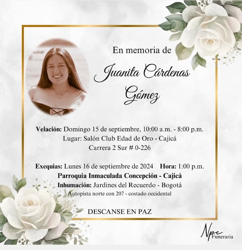 Juanita Cárdenas: anuncian su velación y funeral en Cajicá.