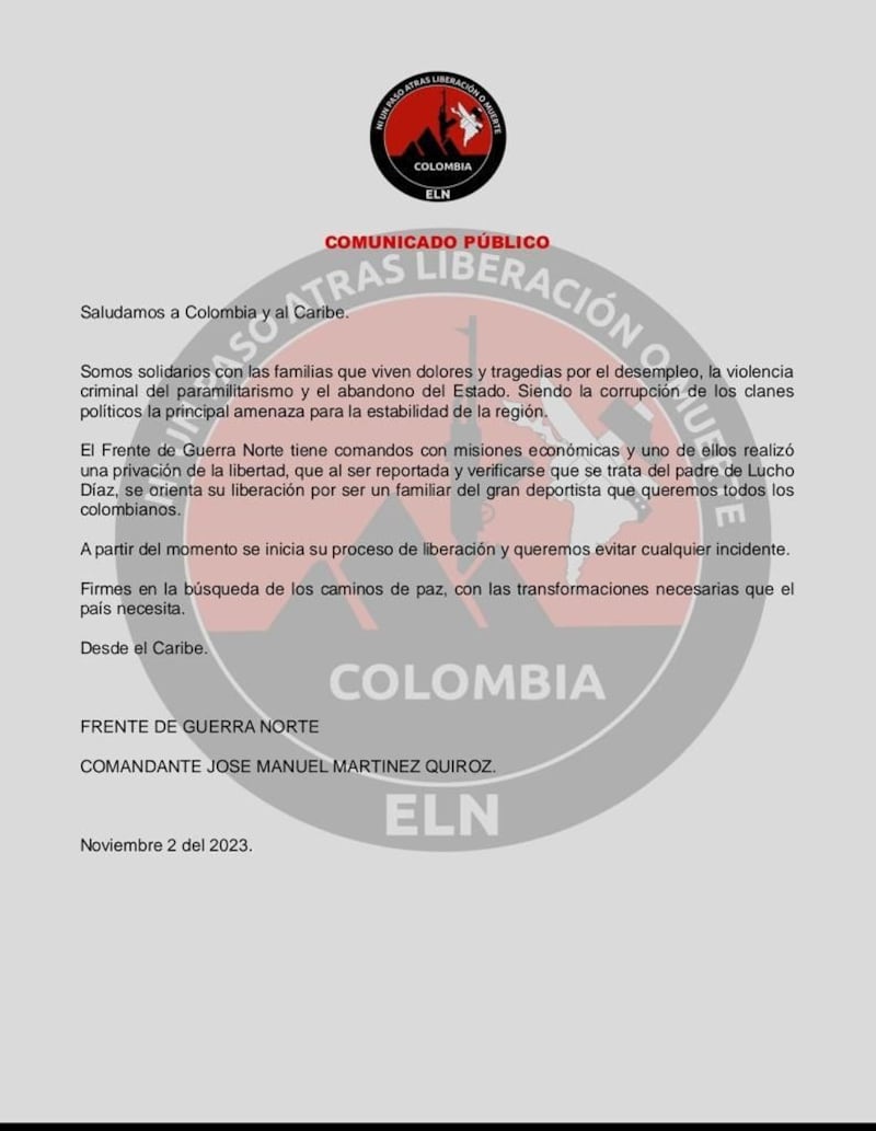 Comunicado de prensa del ELN sobre la liberación de Luis Manuel Díaz.