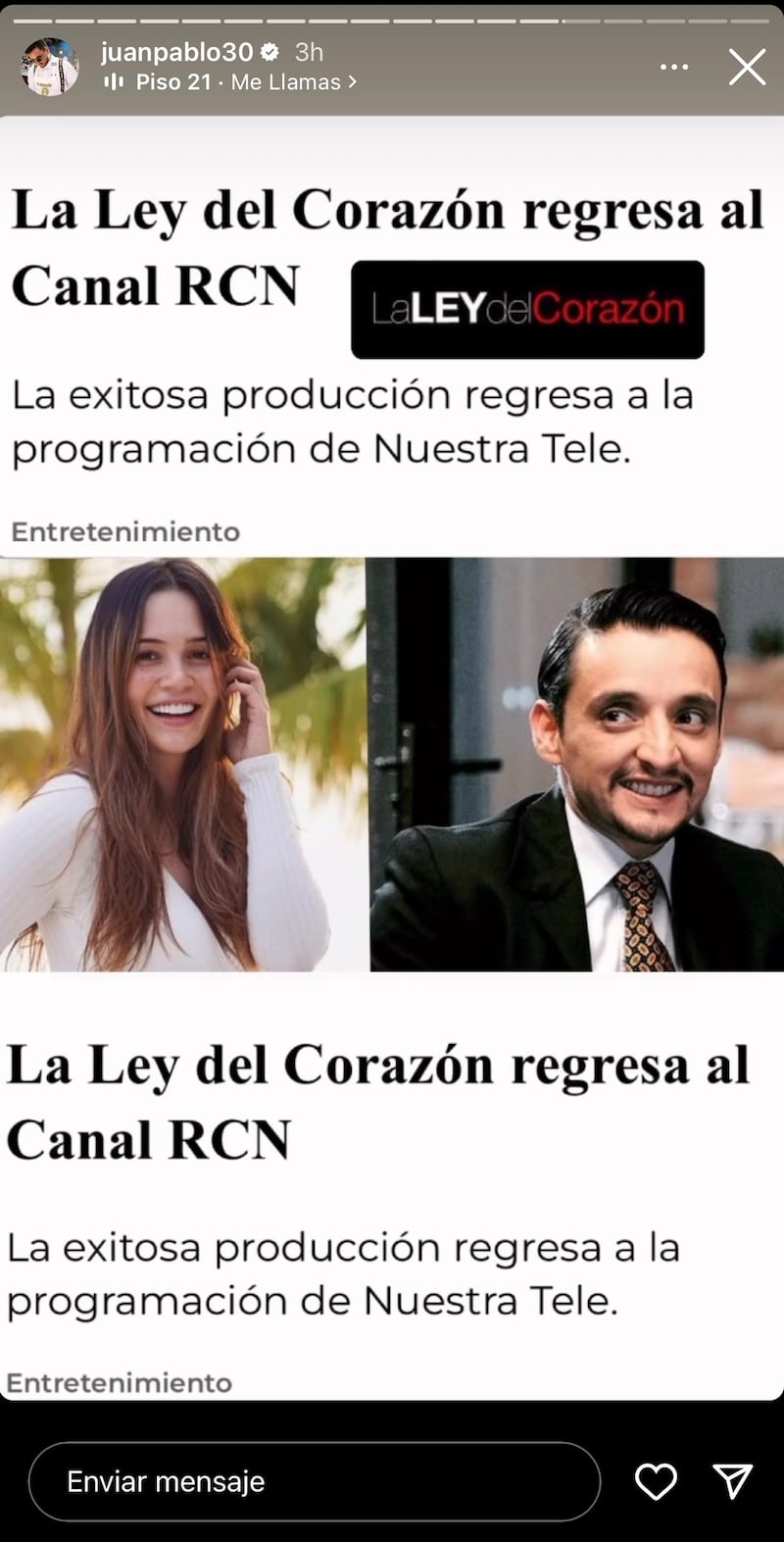 Juan Pablo Barragán de MasterChef Celebrity regresa a la televisión con la trasmisión de 'La Ley del Corazón' de RCN televisión