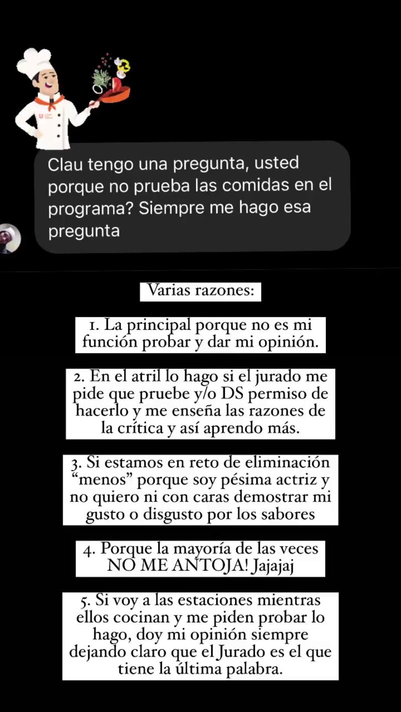 Claudia Bahamón contó por qué no prueba los platos de los concursantes de 'MasterChef'