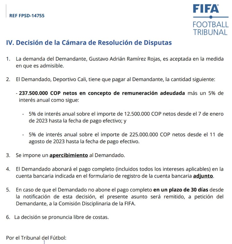 Resolución de la FIFA contra el Deportivo Cali