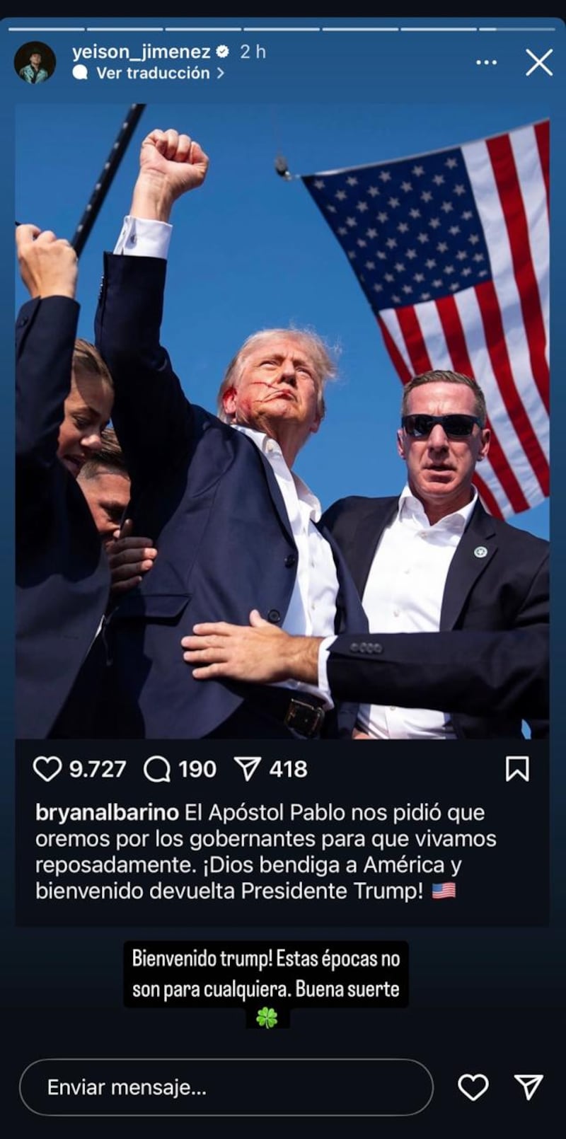 Yeison Jiménez felicitó a Donald Trump por su nuevo triunfo