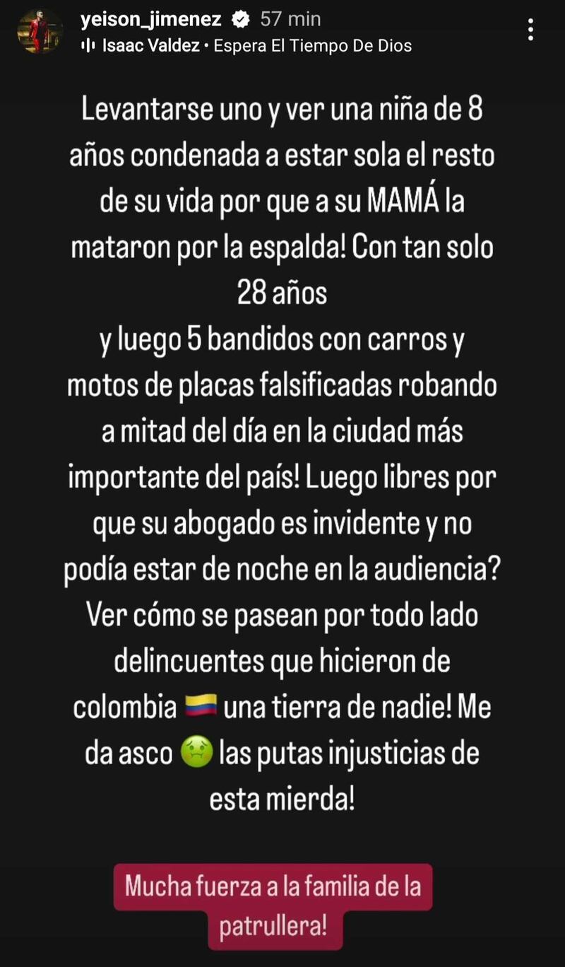 “Colombia, tierra de nadie... me da asco”: Yeison Jiménez indignado tras el asesinato de la patrullera en Neiva (Captura de pantalla ig: Yeison Jiménez)