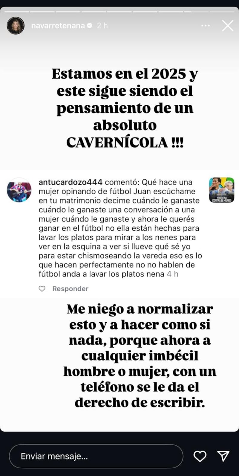 Ana María Navarrete salió a defenderse de quien la mandó a chismear y lavar platos pero no hablar de fútbol