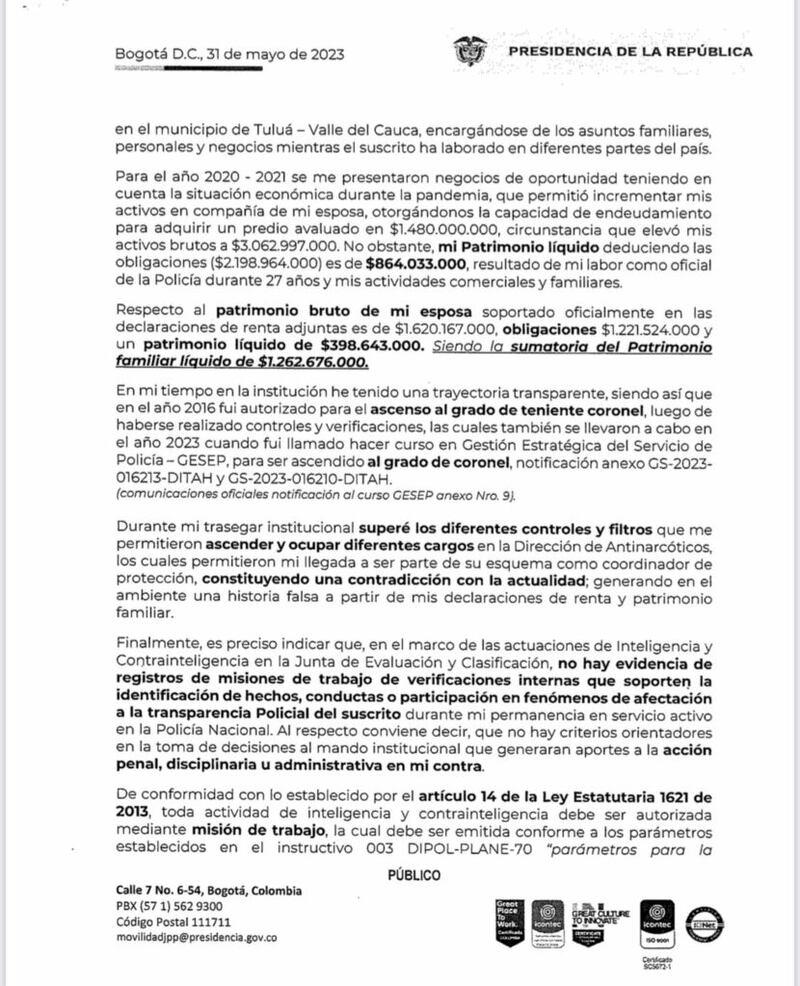 Carta de teniente coronel Hurtado Bermúdez a Francia Márquez (compartida revista Cambio)