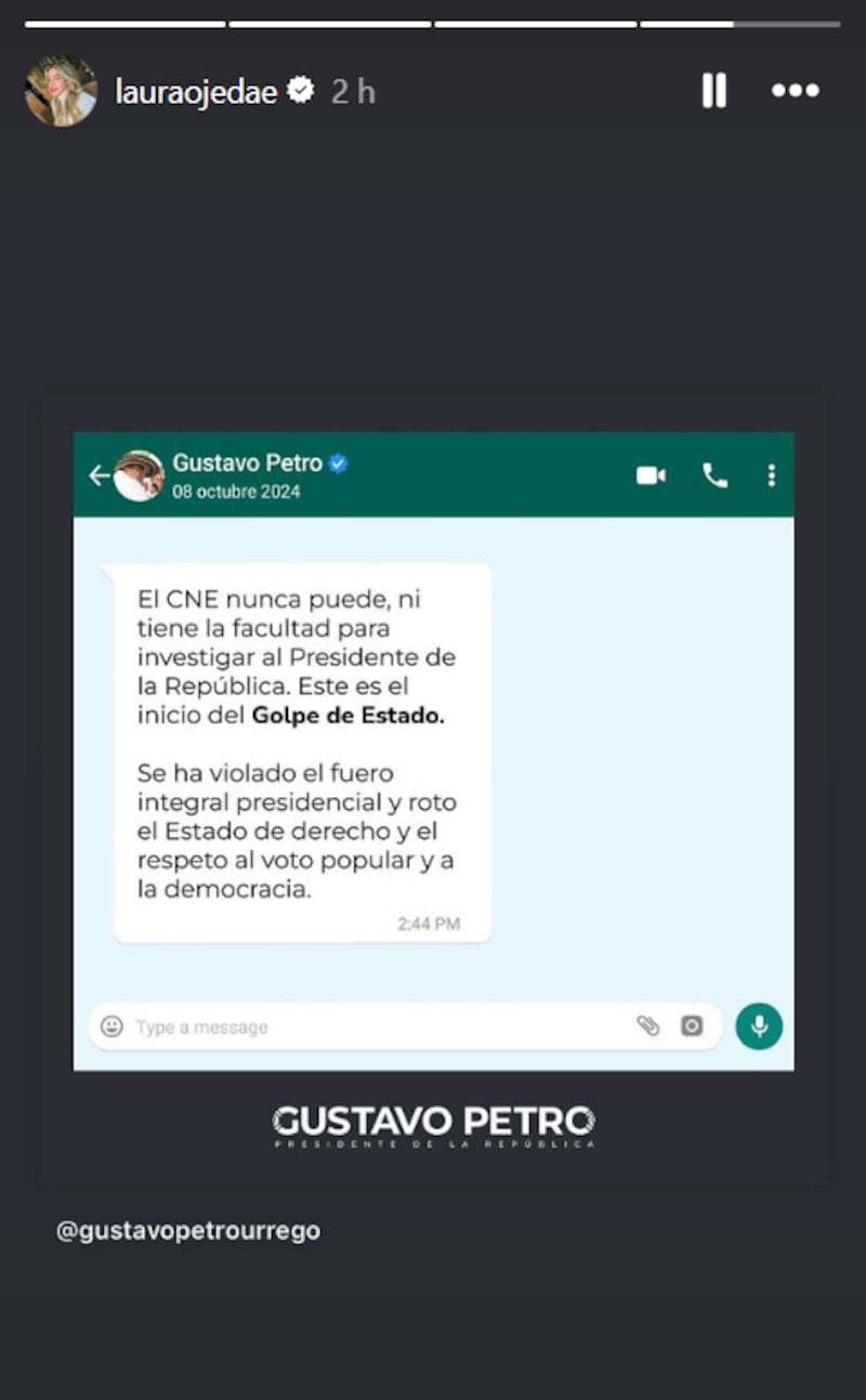 Laura Ojeda le envió su apoyo a su suegro, Gustavo Petro, por el "Golpe de Estado" del que asegura es víctima