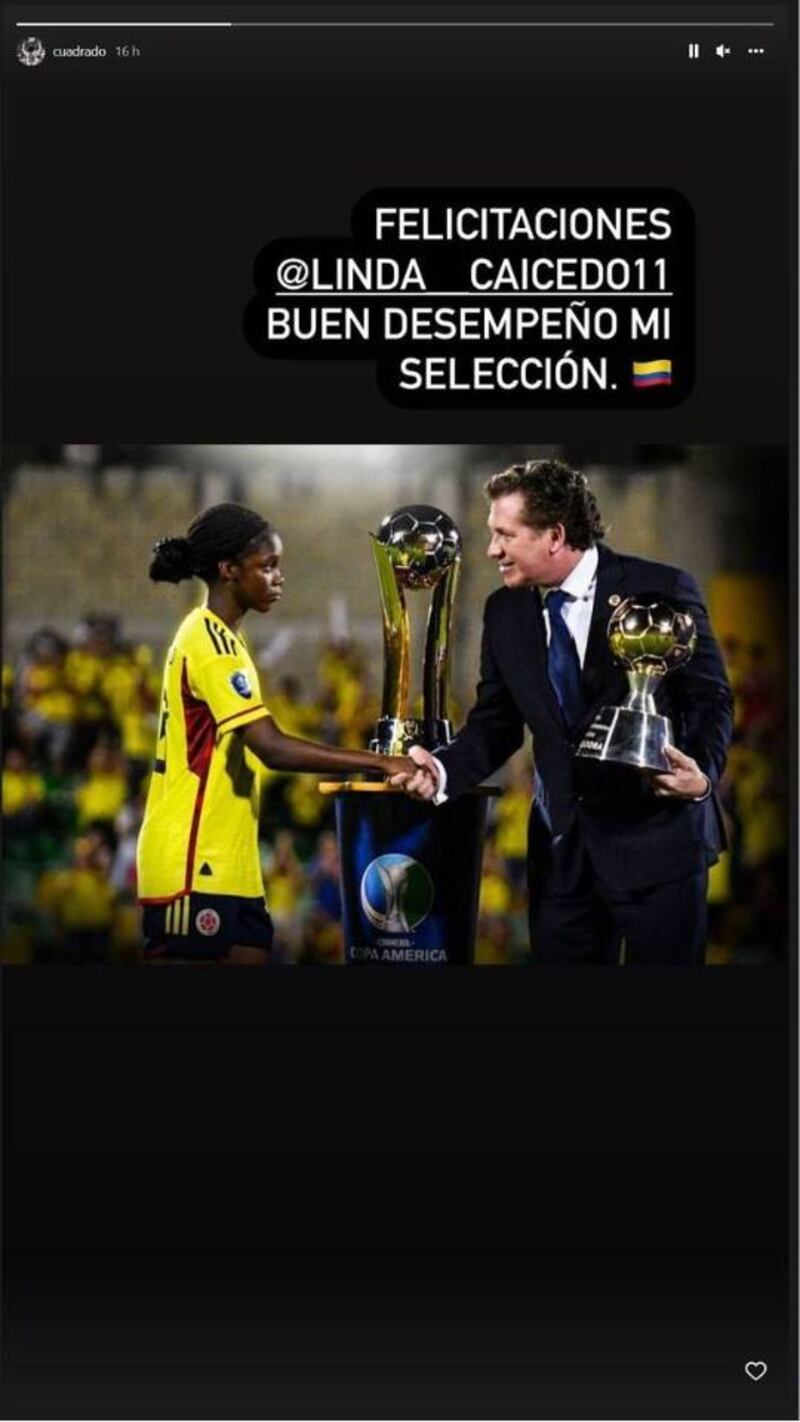 Historia de Juan Guillermo Cuadrado felicitando a Linda Caicedo